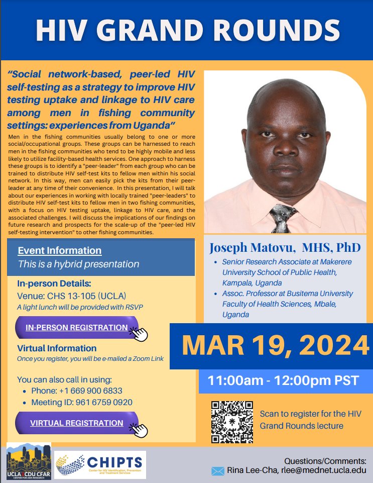 Join us for the next #HIVGrandRounds session on March 19, 2024, at 11AM PT! Dr. Joseph Matovu will discuss the implications of his findings on future research and prospects for the scale-up of the 'peer-led HIV self-testing intervention.' Register here: tinyurl.com/3zhtat3a