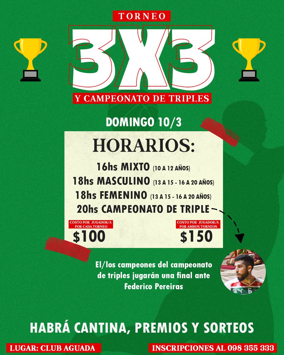 aguadaformativa's tweet photo. 🏆 TORNEO 3x3 | DE TRIPLES

🤩 ¡INSCRIPCIONES ABIERTAS A JUGADORES DE TODOS LOS CLUBES!

El próximo domingo vení al Club a disputar un torneo 3x3 y/o torneo de triples 🏀 

Por más consultas enviar mensaje o dejar un comentario en ésta publicación.

📲 099 355 333
📍 Club Aguada https://t.co/tooiIKTODx