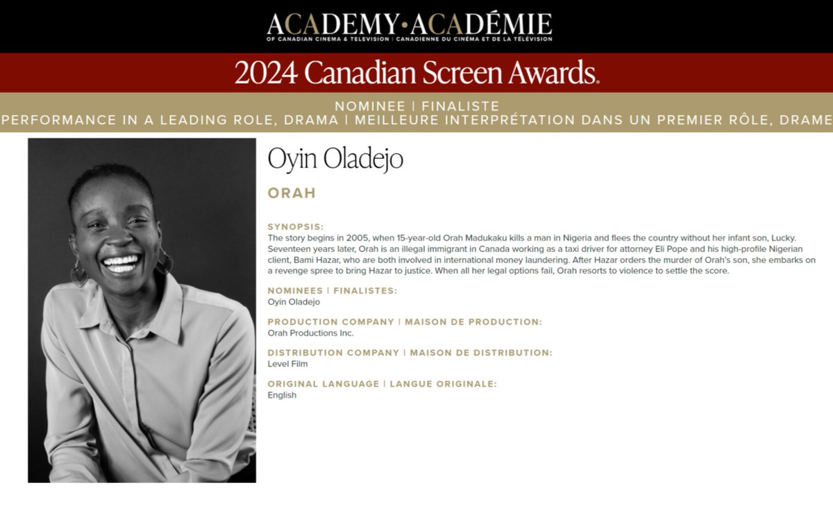 #Canada #Nigeria: Nominees for the 2024 Canadian Screen Awards, organized by the Academy of Canadian Cinema &amp; Television, were announced today. Canada's premier award for film and TV, it is often compared to a combo of the U.S. Academy Awards and Emmy Awards.

Of note, Nigerian
