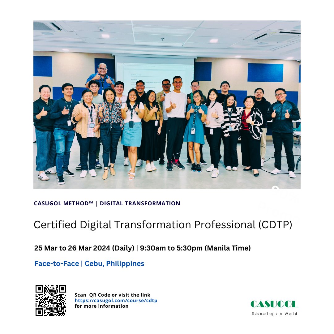casugol's tweet image. Being a #CASUGOL Certified #DigitalTransformation Professional (CDTP) ensures the proficiency of #professionals in cutting-edge #technologies, empowering them to lead the industry, stay competitive, and foster #adaptability and #innovation.

Enrol Now at casugol.com/course/cdtp