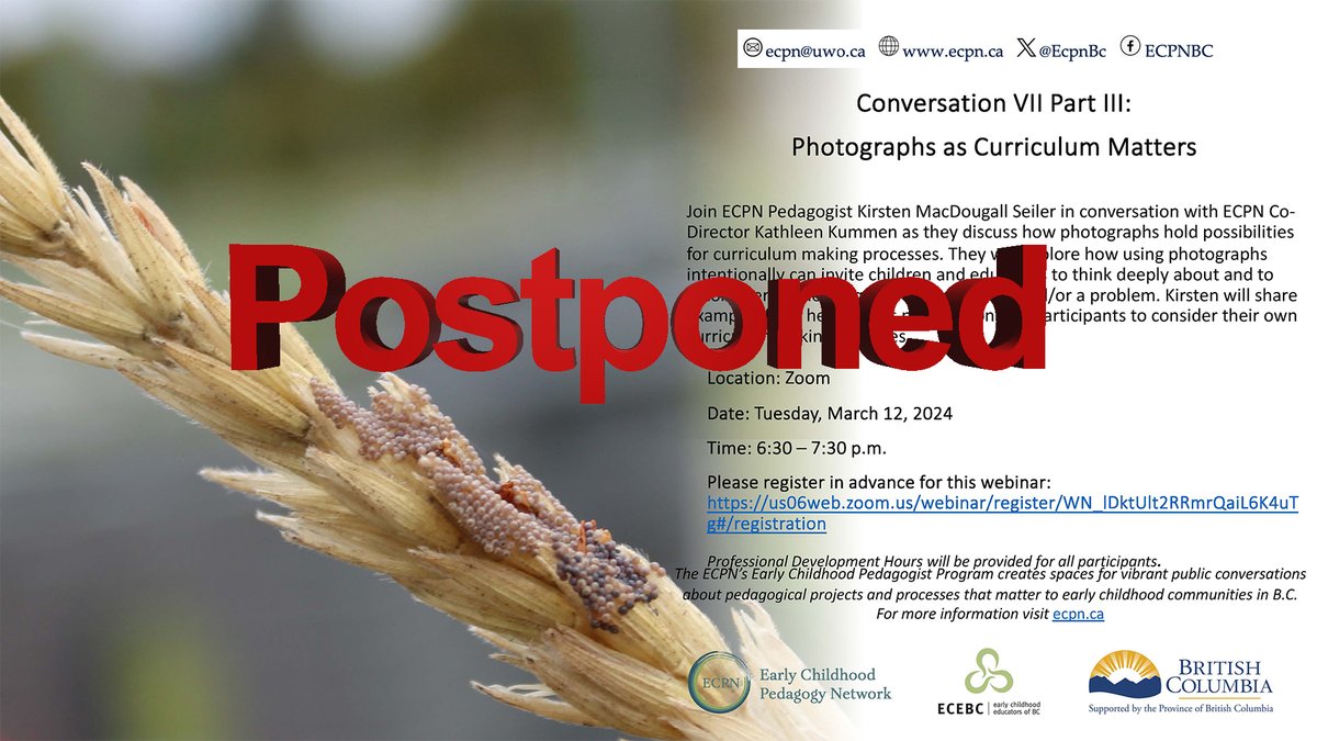 🚨 Conversation Series Update: Our 'Photographs as Curriculum Matters' Conversation Series, scheduled for March 12th, has been postponed. Stay tuned for rescheduling updates! @ECEBC1