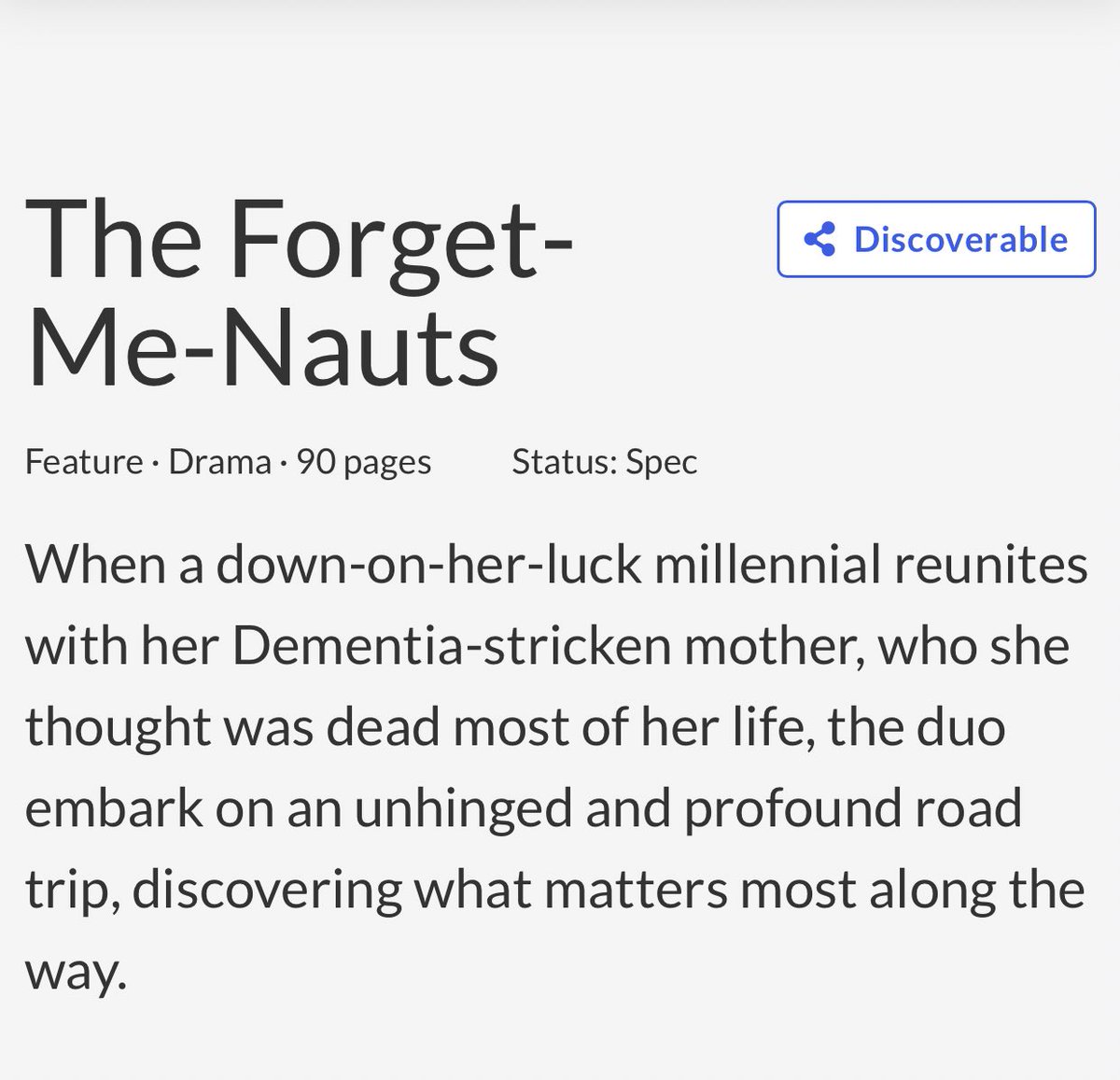THE FORGET-ME-NAUTS is inspired by the many things that happened as my mom battled Dementia, including locking a loud-mouthed teenager in her trunk, & wandering across town and rummaging through a stranger’s cupboards for her vice, Hershey’s syrup #ScreenPit #Fea #Drdy #SeRe