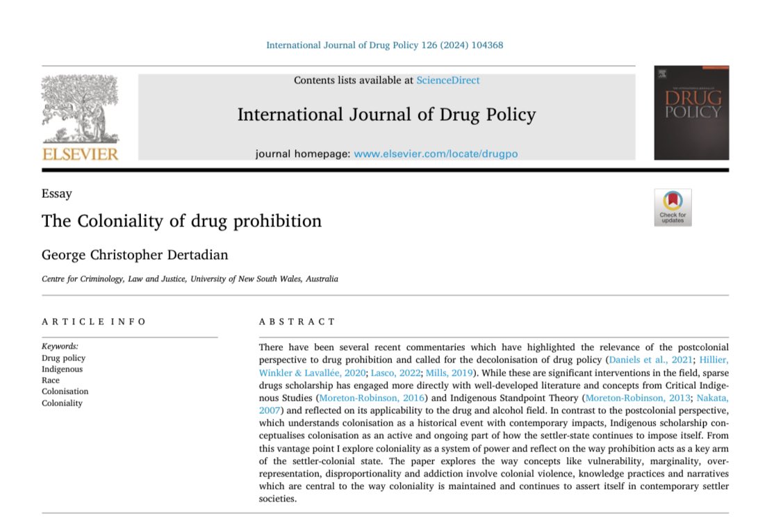 “The Coloniality of drug prohibition” by @KevDertadian (2024) via @ijdrugpolicy…how does colonization impact drug policy? Link: sciencedirect.com/science/articl… #Colonization #DrugPolicy #International