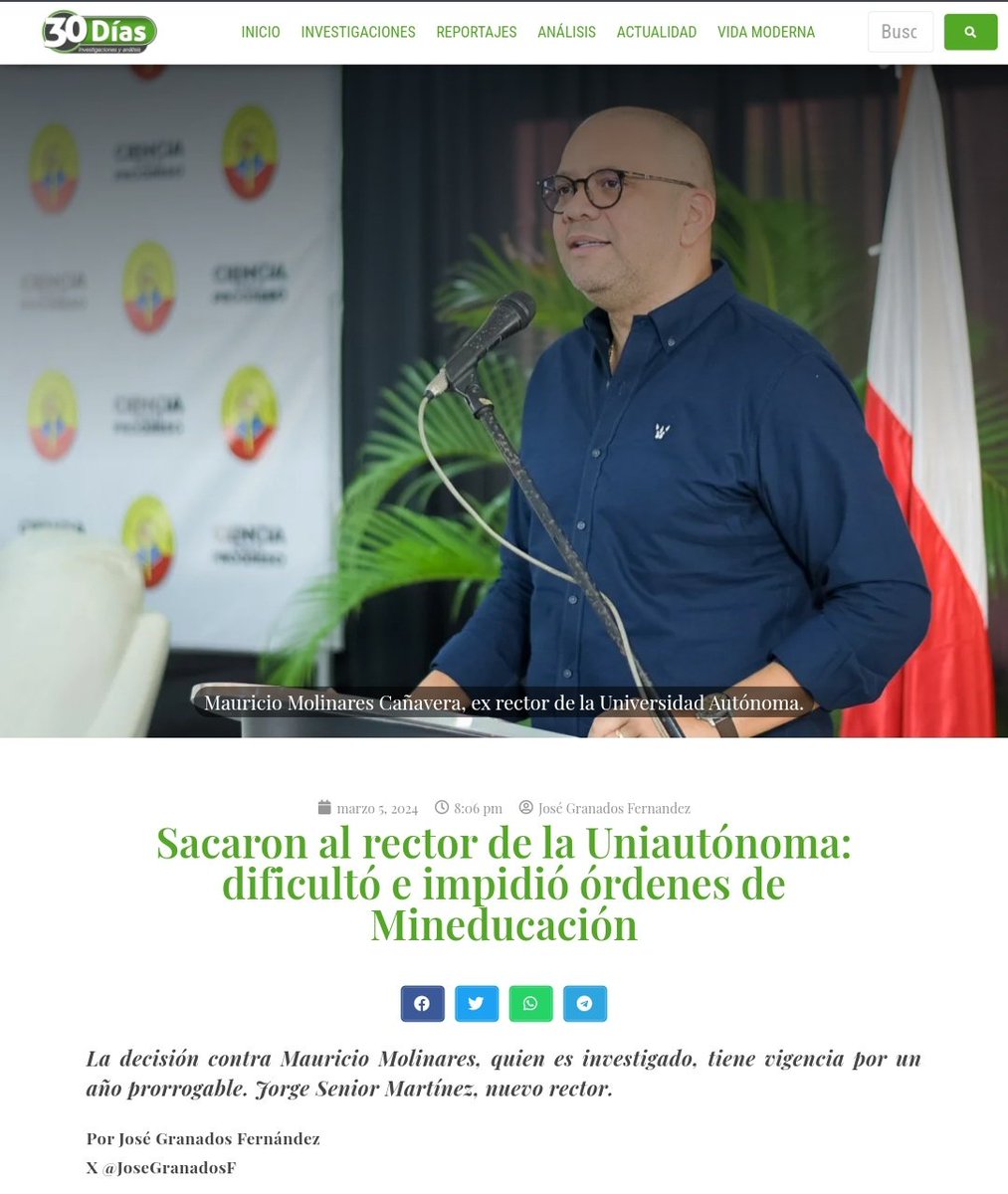 Mauricio Molinares no aparece para que le notifiquen que la ministra <a href="/AuroraVergaraF1/">Aurora Vergara-Figueroa, Ph.D</a> lo retiró de la rectoría de <a href="/UAutonoma/">Universidad Autónoma del Caribe</a>. Mandó una excusa médica particular, de 4 días de incapacidad: su EPS le suspendió los servicios por moroso. ¡Plop!

30dias.co/dificulto-e-im…