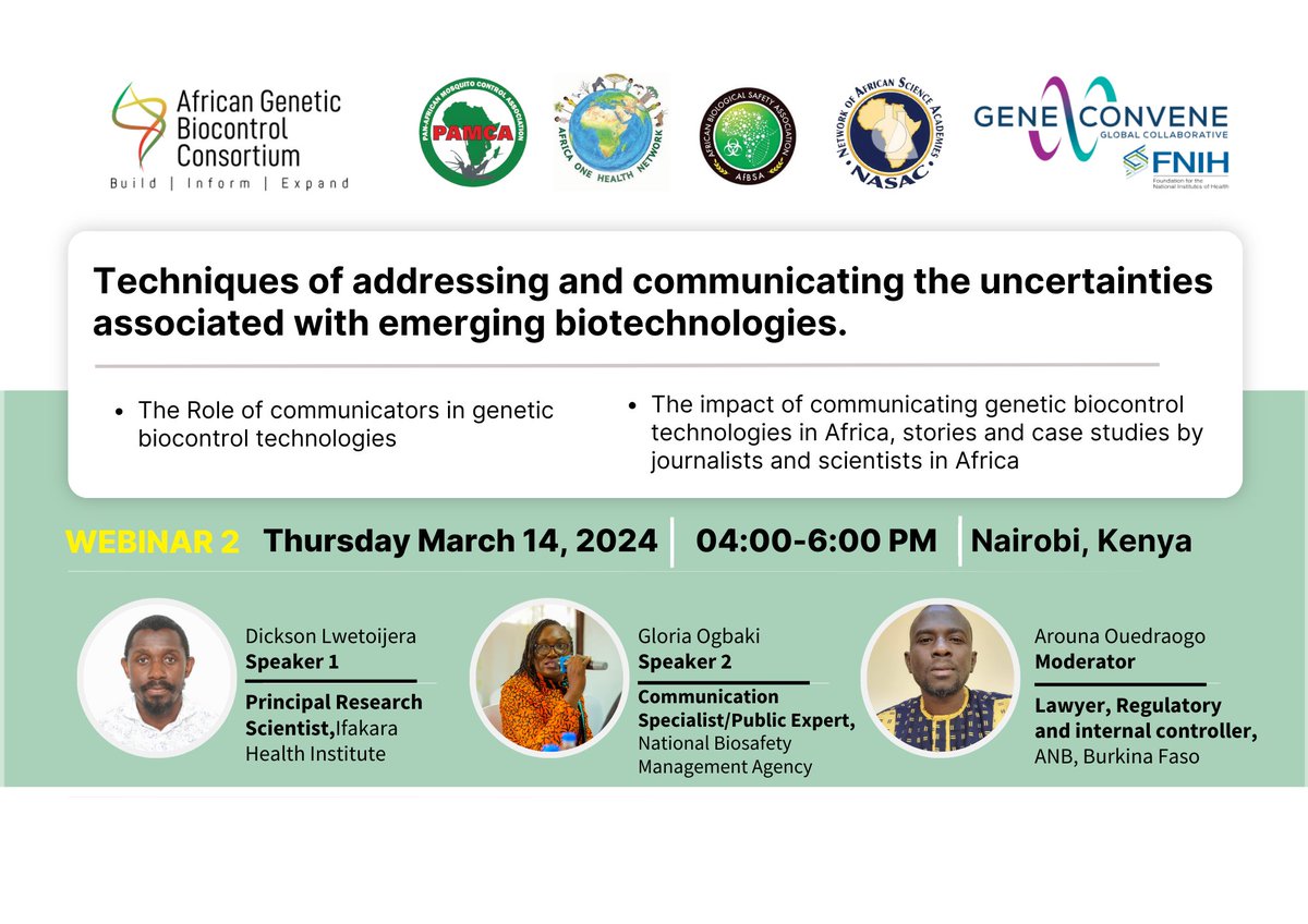 Have you registered for this webinar? Only 1 week to go! 📅Date: March 14, 2024 ⏰Time:4:00PM to 6:00PM 📌Location: Zoom 🔍Informative session on Science Communication on Genetic Biocontrol Register: t.ly/Rgi1t #ScienceCommunication #GeneticBiocontrol
