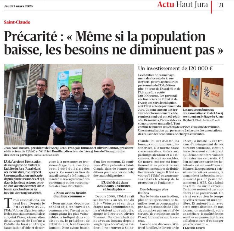 Inauguration des locaux communs de St Claude UDAF, ASEAJ. Article du journal "Le Progrès "