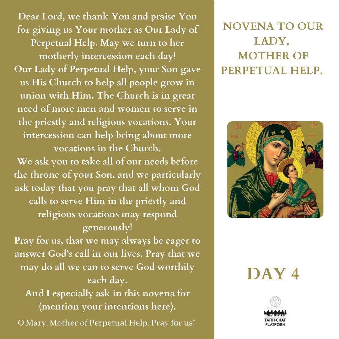 In the name of the Father, and of the Son, and of the Holy Spirit. 
Amen.

Dear Lord, we thank You and praise You for giving us Your mother as Our Lady of Perpetual Help. May we turn to her motherly intercession each day!

Our Lady of Perpetual Help, your Son gave us His Church