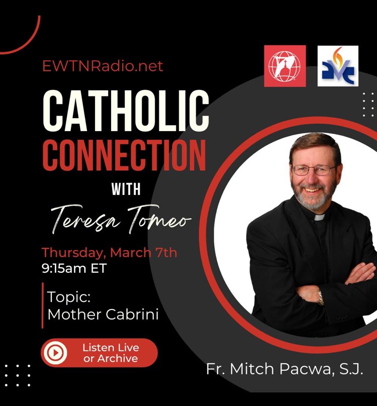 .<a href="/FrMitchPacwaSJ/">Fr. Mitch Pacwa, SJ</a> joins me Thursday morning at 9:15amET to chat about Mother #Cabrini, the first American citizen canonized a #saint! Tune into <a href="/EWTN/">EWTN Global Catholic Network</a> #CatholicRadio ewtn.com/radio <a href="/AveMariaRadio/">Ave Maria Radio</a> #catholicx #catholictwitter #mothercabrini <a href="/cabrinifilm2024/">cabrinifilm</a>