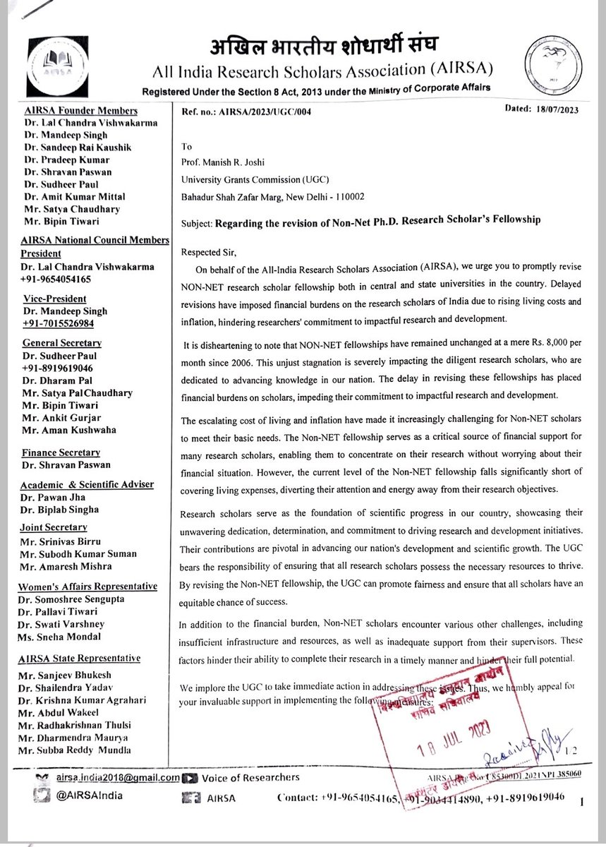 AIRSAIndia's tweet photo. 🔍 Seeking #JaiAnusandhan 🤔
#NonNetFellowshipHike
Imagine the dedication of NON-Net fellowship recipients, contributing to research with passion. However, despite numerous pleas to @ugc_india for a fair stipend of 8k/month, their concerns seem unheard. 📢 Now, urging @EduMinOfIndia to step in and ensure justice in research funding! 🎓 @mamidala90 @dpradhanbjp #ResearchEquality #HigherEdJustice
@TimesNow @timesofindia @the_hindu @TheLallantop