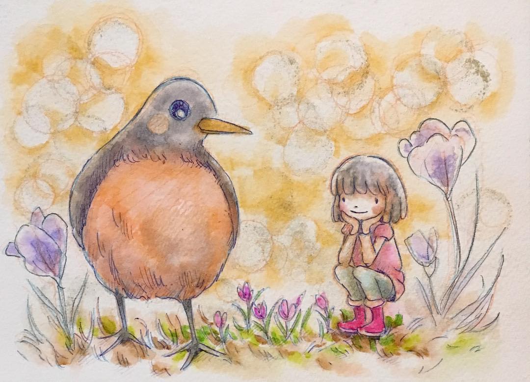 not my #art  
IG mypicturebookcafe: Spring is waiting to come out. Good bye, Winter. No more snow, please😁  #illustration #illustrator #kidlitart #kidlit #kidlit411 #canadawestillustrators #spring #crocus #americanrobin #children #春よ来い #春 #クロッカス #イラスト