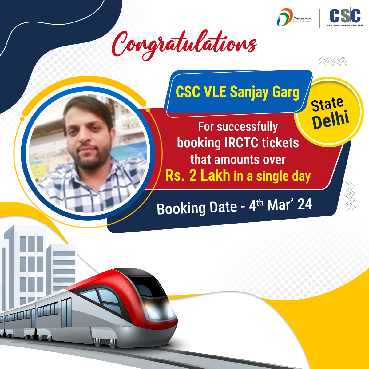 Happy to inform you! We extend our heartfelt congratulations to CSC VLE Mr. Sanjay Garg, for achieving the remarkable feat of IRCTC booking tickets amounting to over 2 Lac in a single day. 👏 His persistence and dedication are truly remarkable.🙏 #CscSafar #Railway #Digitalindia