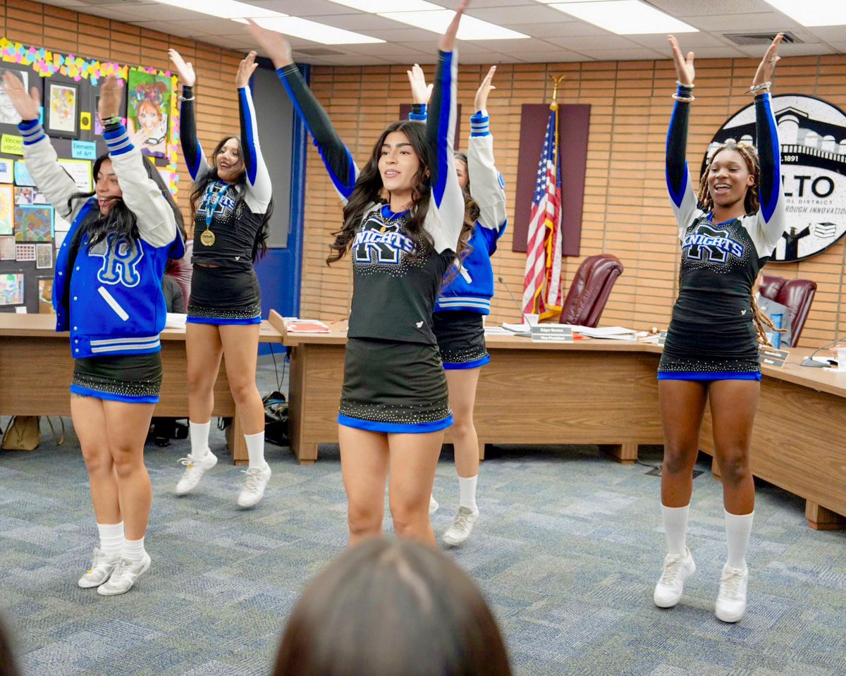 RialtoUSD's tweet photo. What a Knight! ⚔️💙

The Board of Education honored Rialto HS students for awesome achievements! The Knights’ Academic Decathlon team recently took 3rd &amp; the RHS Cheer Squad won a National title at USA Spirit Nationals! The Board celebrated that success at tonight’s meeting! https://t.co/S9mvecv8mH