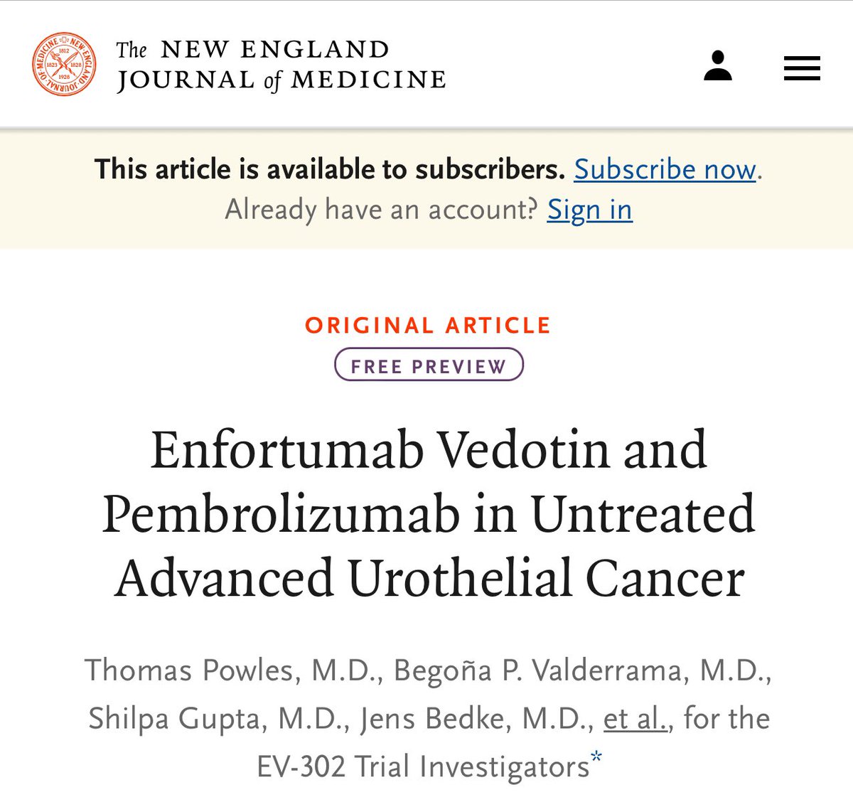 brookmans76's tweet photo. EV-302 results finally in @NEJM - #Enfortumab #Pembro in metastatic #Urothelial #Cancer
Beyond the questions asked by @Markuseckstein3, interested to see activity in other disease settings, such as neoadjuvant prior to RC @tompowles1 @shilpaonc @urotoday 👉https://t.co/3O9W9z5oKT https://t.co/cgerlkbqTY