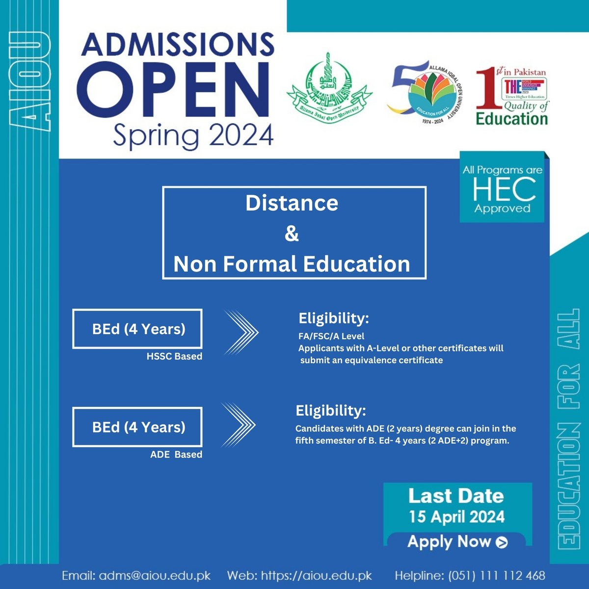 OfficialAIOU's tweet photo. 𝐀𝐝𝐦𝐢𝐬𝐬𝐢𝐨𝐧𝐬 𝐎𝐩𝐞𝐧 𝐟𝐨𝐫 𝐒𝐩𝐫𝐢𝐧𝐠 𝟐𝟎𝟐𝟒  
𝑨𝒑𝒑𝒍𝒚 𝒏𝒐𝒘 𝒂𝒕: https://t.co/ezXIyKnPRn………… #aiou #aiouactivities #aiouadmissions #spring2024 #educationatDoorstep #educationforall  #BS #BBA #Certificatcourses #PGD #diploma #hec #distancelearning https://t.co/H5byAC9pts