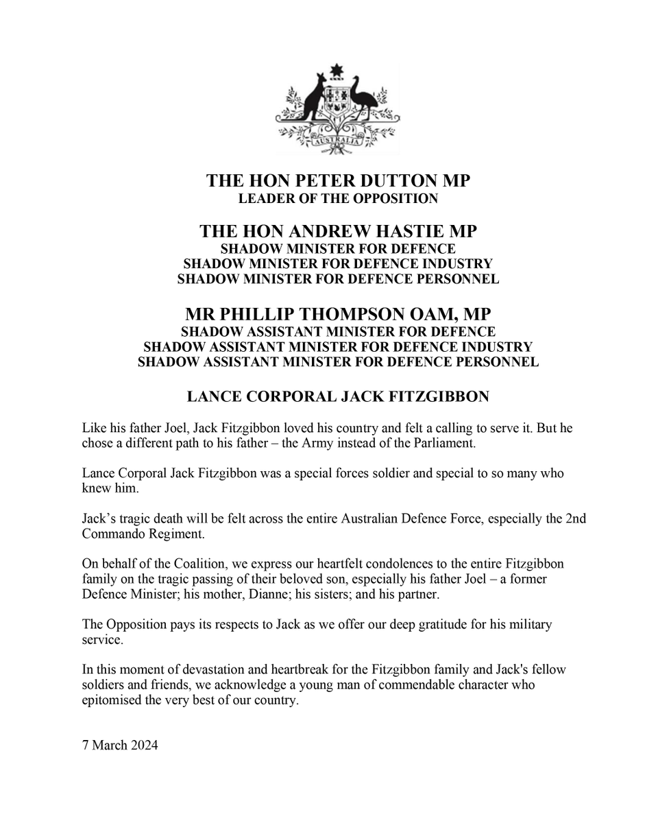 Hon_PeterDutton's tweet photo. On behalf of the Coalition, we express our heartfelt condolences to the entire Fitzgibbon family on the tragic passing of their beloved son, Lance Corporal Jack Fitzgibbon.

We pay our respects to Jack as we offer our deep gratitude for his military service. https://t.co/Tlbq8MiQhj