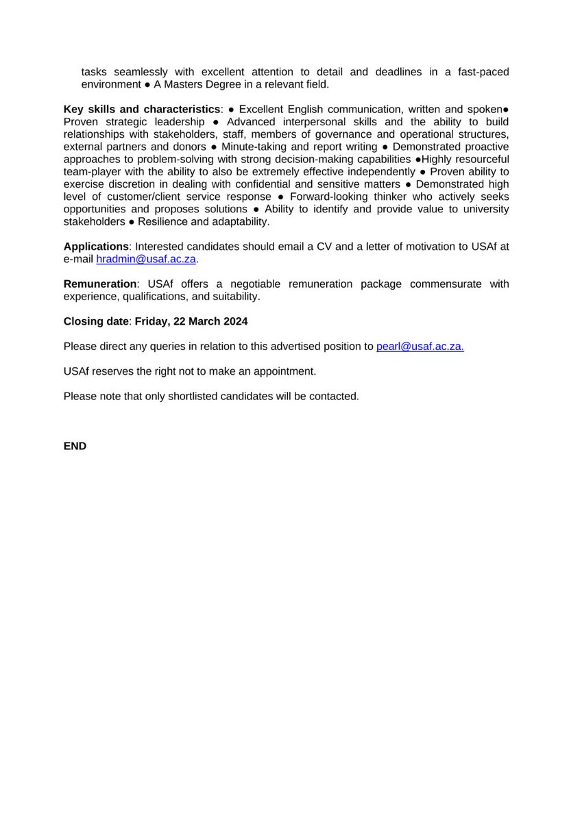 [NEW JOB OPPORTUNITY ALERT] Applications are invited for the position of Senior Manager in the Office of the CEO. Candidates are requested to email their Curriculum Vitae (CV) and a letter of motivation to hradmin@usaf.ac.za. Applications close on 𝟐𝟐 𝐌𝐚𝐫𝐜𝐡 𝟐𝟎𝟐𝟒.