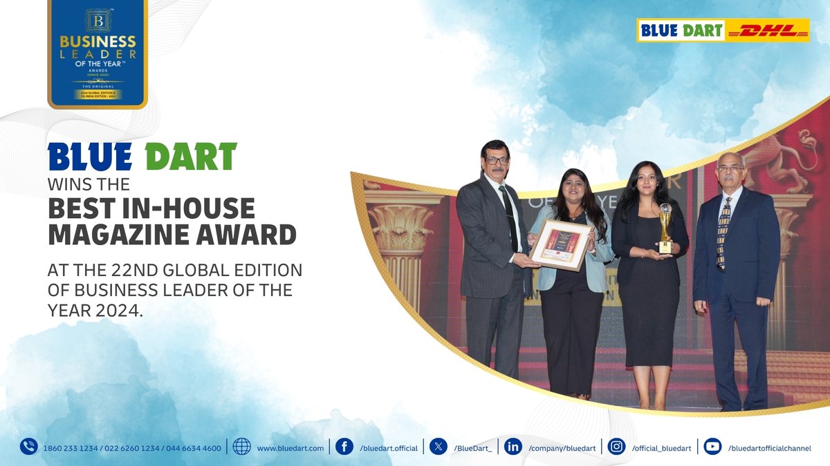 We're excited to share that Blue Dart won the Best In-House Magazine Award at the 22nd Global Edition of Business Leader of the Year 2024! #WeMoveSoYourWorldCanMove #IfItsImportantBlueDartIT #BlueDartIT