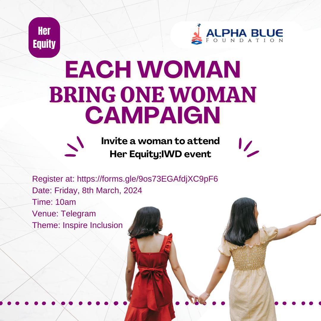 KRP_FEMA's tweet photo. Join us &amp; @AlphaBlueNGO on March 8th as we celebrate International Womens Day!

Register 👉 https://t.co/80cOjUtC7I

Event theme: Inspire Inclusion
Time: 10am.
Venue: Telegram

#IWD2024 #InspireInclusion
#WomensDay #Herequity #March8th https://t.co/SLwNlm3K3V