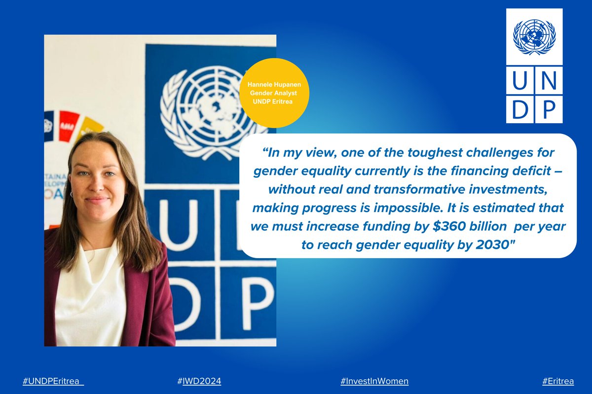 'It is estimated that we must increase funding by #360 billion per year to reach #genderequality' Learn more: @hhupanen shares her message ⬇️ #InvestInWomen #IWD2024 @UNDPEritrea