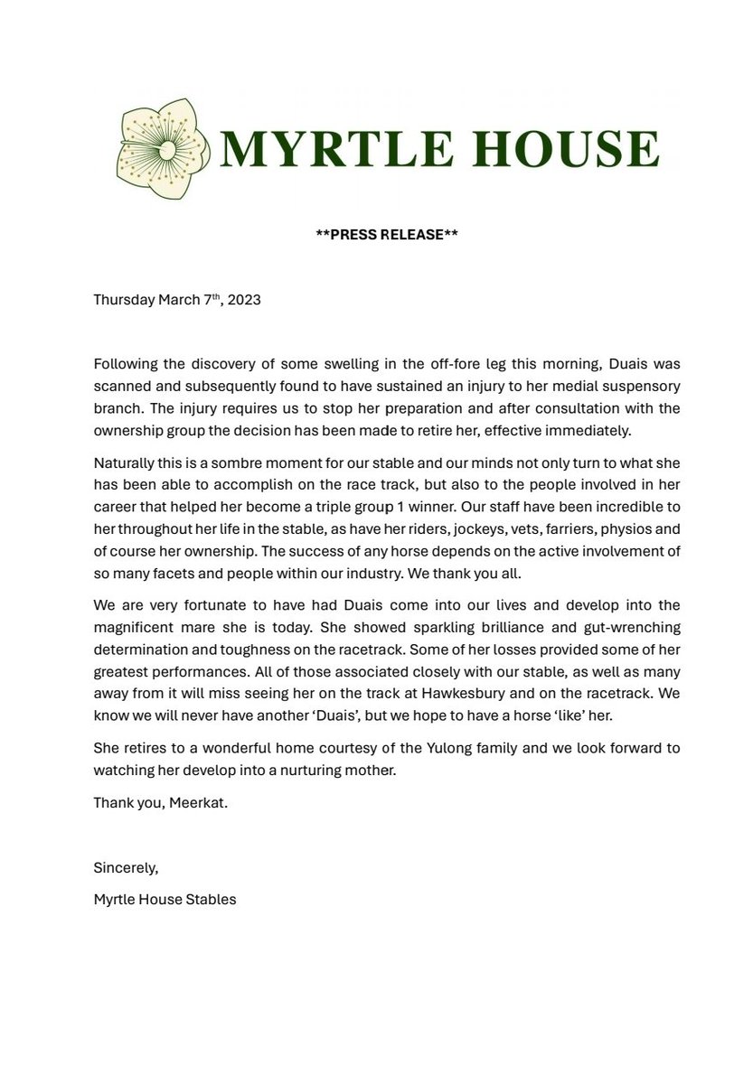 Please see a statement regarding Duais issued today @racing_nsw @Racing @SkyRacingAU @RacingVictoria @RacingAust