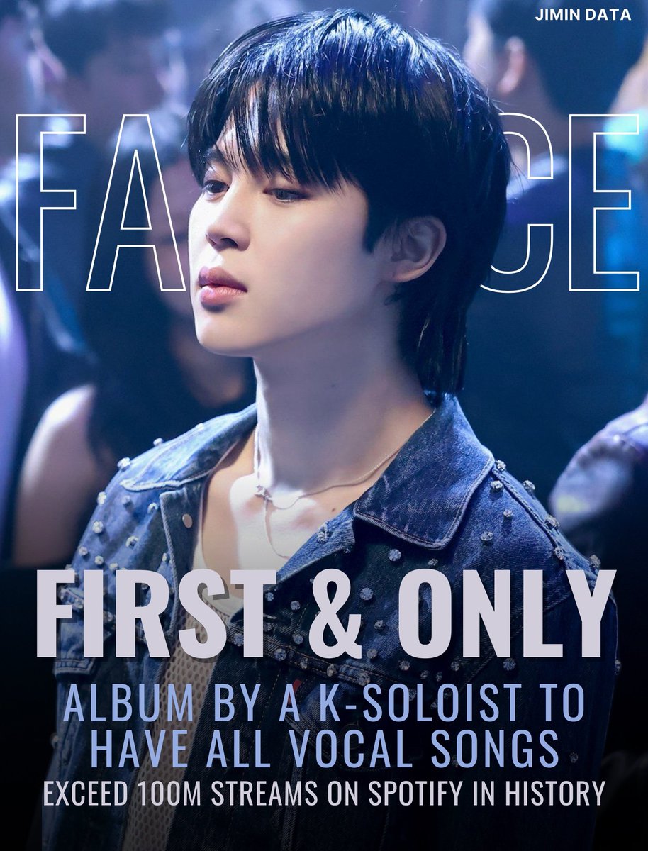 "FACE" is now the FIRST and ONLY album by a Korean/K-pop soloist to have All vocal songs exceed 100M streams on Spotify in history 🥳

It achieves this feat in less than a year since its release!

Congratulations Jimin 👏 

#Alone100M 
ALONE 100M SPOTIFY
HIT MAKER JIMIN