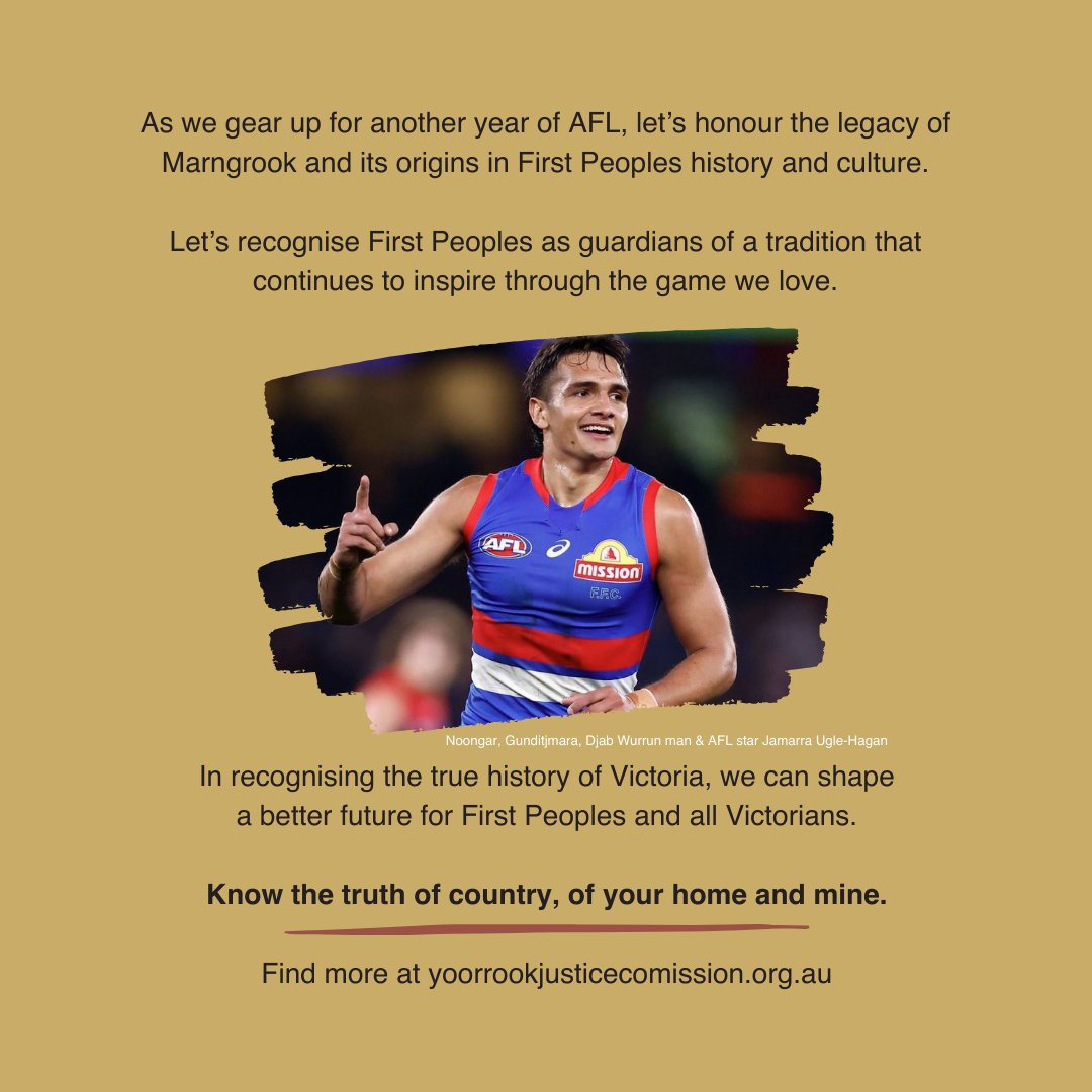 Kicking off the #AFL season by celebrating Marngrook and its origins in First Peoples history and culture. 

Know the truth of country, of your home and mine yoorrookjusticecomission.org.au

#JamarrauUgleHagan #Firstnations  #Firstpeoples #AFLSwansDees #OpeningRound