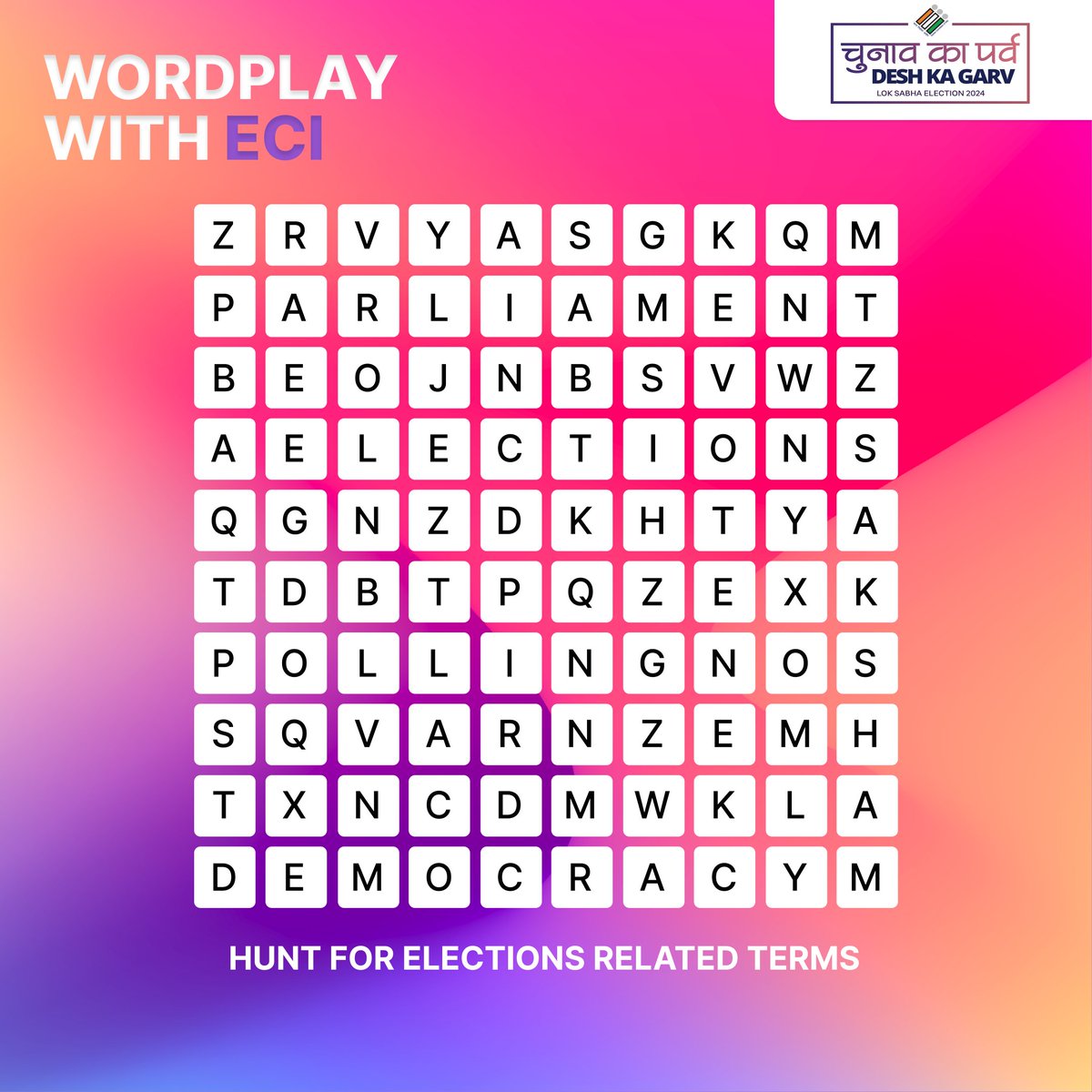 Decipher 🔍 the electoral code through this #wordplay with #ECI' – Hunt for election related terms 🤠 Comment the first 3 terms that You find 👇 #IVote4Sure #ElectionGlossary #Election2024 #ChunavKaParv #DeshKaGarv