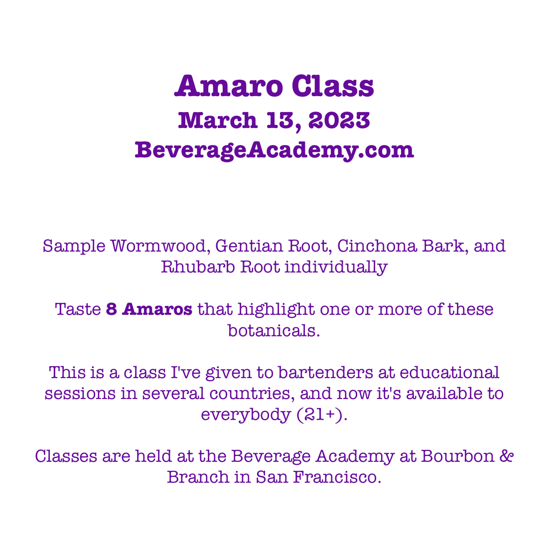 Amaro class in San Francisco on March 13 with me: beverageacademy.com/new-events/202…