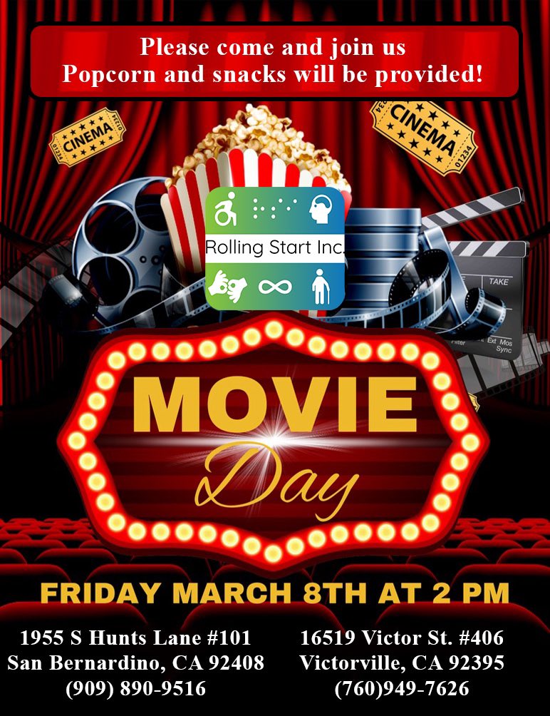 RollingStartInc's tweet photo. Please come and join us
Popcorn and snacks will be provided!

Friday March 8th at 2pm

1955 S Hunts Lane Suite 101 
San Bernardino, CA 92408
(909) 890-9516

16519 Victor St. #406
Victorville, CA 92395
(760)949-7626

Or join in online! https://t.co/E1rkpaEE1C