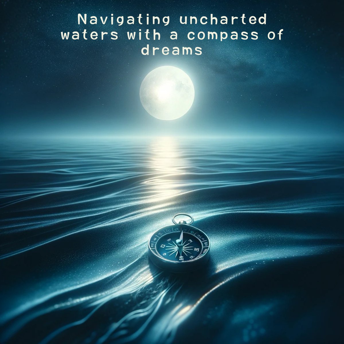 Navigating uncharted waters with a compass of dreams 

#MysteriousJourneys #DreamsAndDirections #NavigatingLife #ReflectionsAtSea #CompassOfDreams #MoonlitPathways #SeekingHorizons #InnerCompass #NightSkiesAndTides #SereneScenes