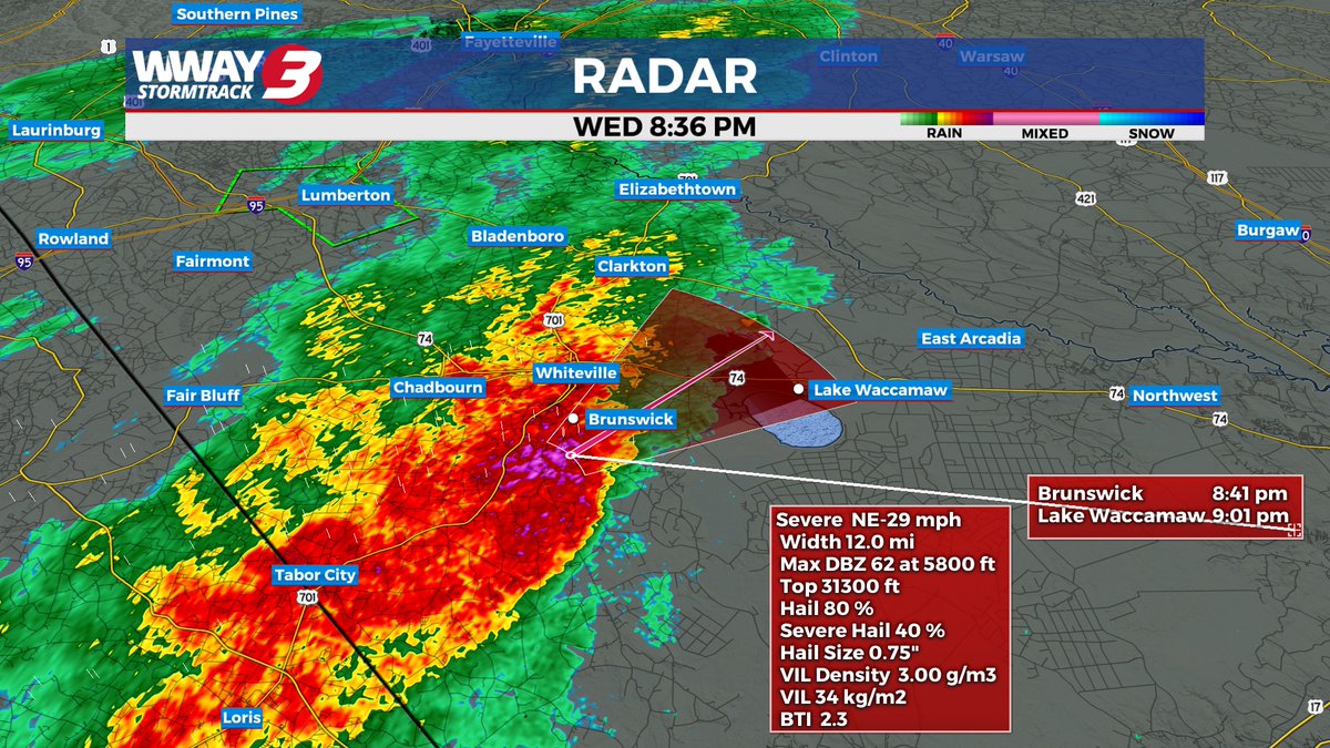 LeeHaywoodWX's tweet image. A strong thunderstorm near #Brunswick in Columbus county is moving northeast near 30 mph. It will be moving toward #LakeWaccamaw by 9pm. Gusty winds and small hail will be possible. 
#WWAY #NCwx