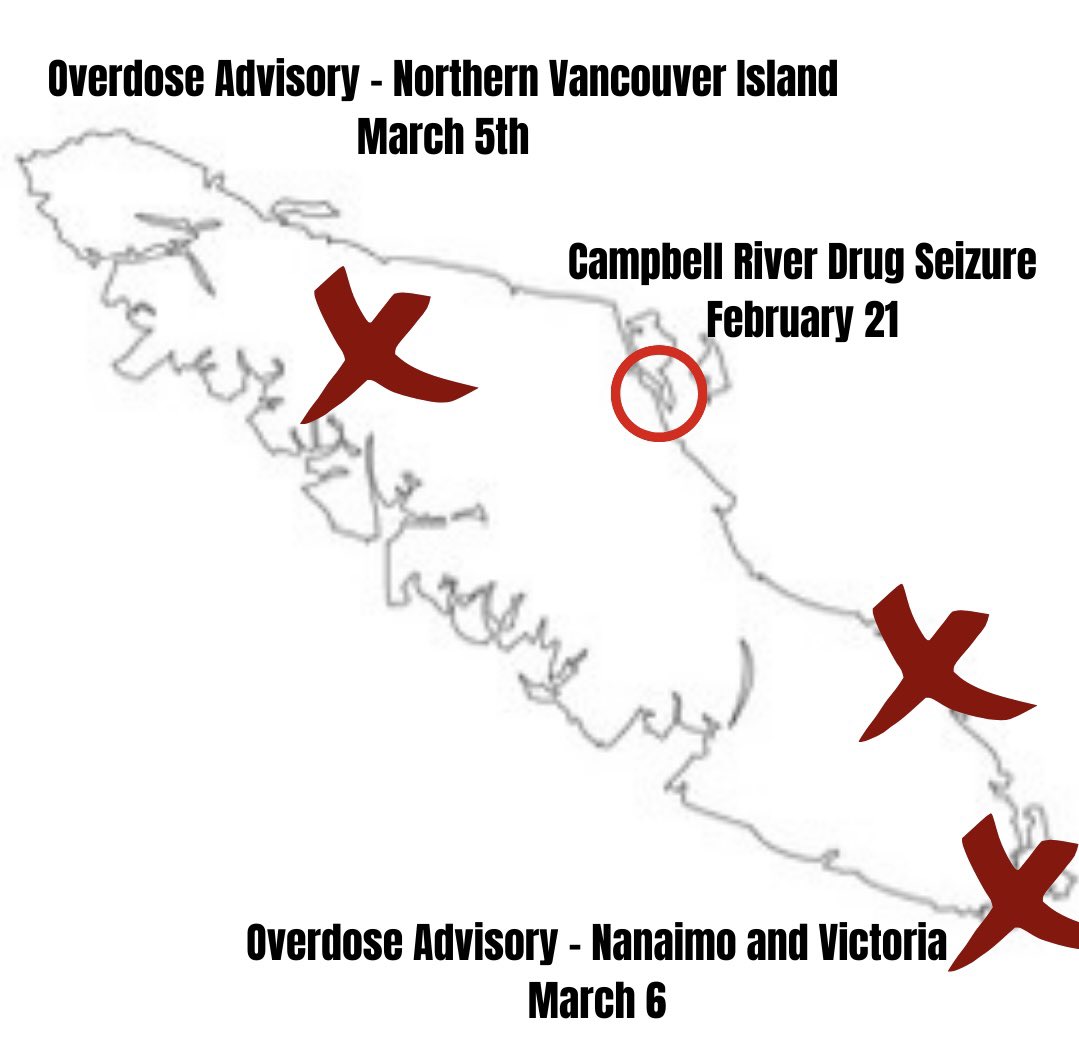 Mapping the consequences of prohibition. Here’s a basic map of Vancouver Island—note where the *big drug bust* occurred and, less than two weeks later, where three overdose alerts have been issued on Vancouver Island.