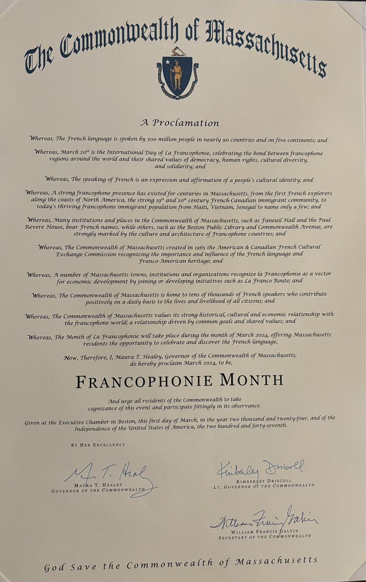 Le mois de mars 2024 est déclaré « mois de la #Francophonie » par le Massachussets. Merci beaucoup @MassGovernor !