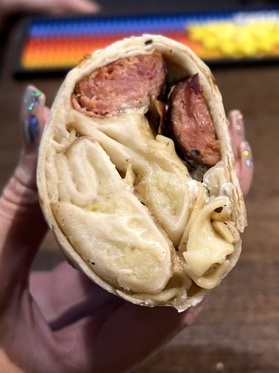 Pierogies, kielbasa, haluski, and chive sour cream. That, my friend, is our #YinzerWrap #Pittsburgh