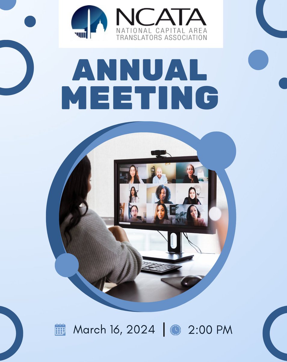 Join us at our annual members’ meeting, where we’ll review our activities and status and where you can ask questions and make your voices heard.

Registration is free. Register now at: ncata.org/meet-reg1.php?…

#NCATA #AnnualMeeting #Translators #Interpreters