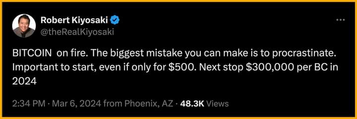FiresidePi's tweet image. Galaxy Digital CEO nói trên đài Fox Business là ông nghĩ Bitcoin có thể đạt $100K năm nay.

Robert Kiyosaki (Cha Giàu Cha Nghèo) nói Bitcoin có thể đạt $300K năm nay.

BTC lập đỉnh mới trước halving là một lịch sử mới, không ai dám chắc lần này giá sẽ đi ntn.