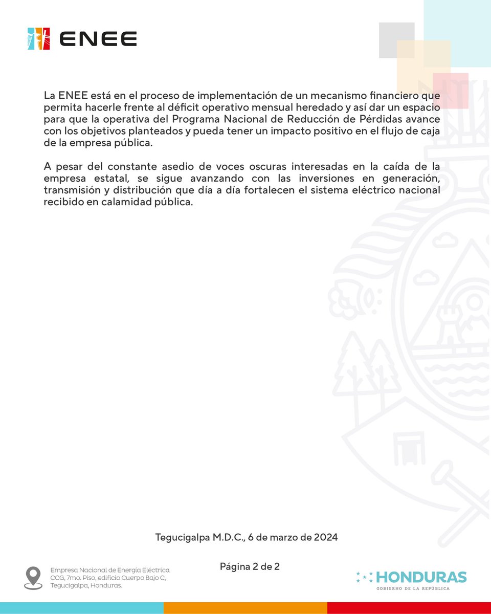 EneeHnOficial's tweet image. #Comunicado | La Empresa Nacional de Energía Eléctrica comunica lo siguiente en relación al cumplimiento de obligaciones de las empresas generadoras de energía.

#Energía #Honduras #ENEE