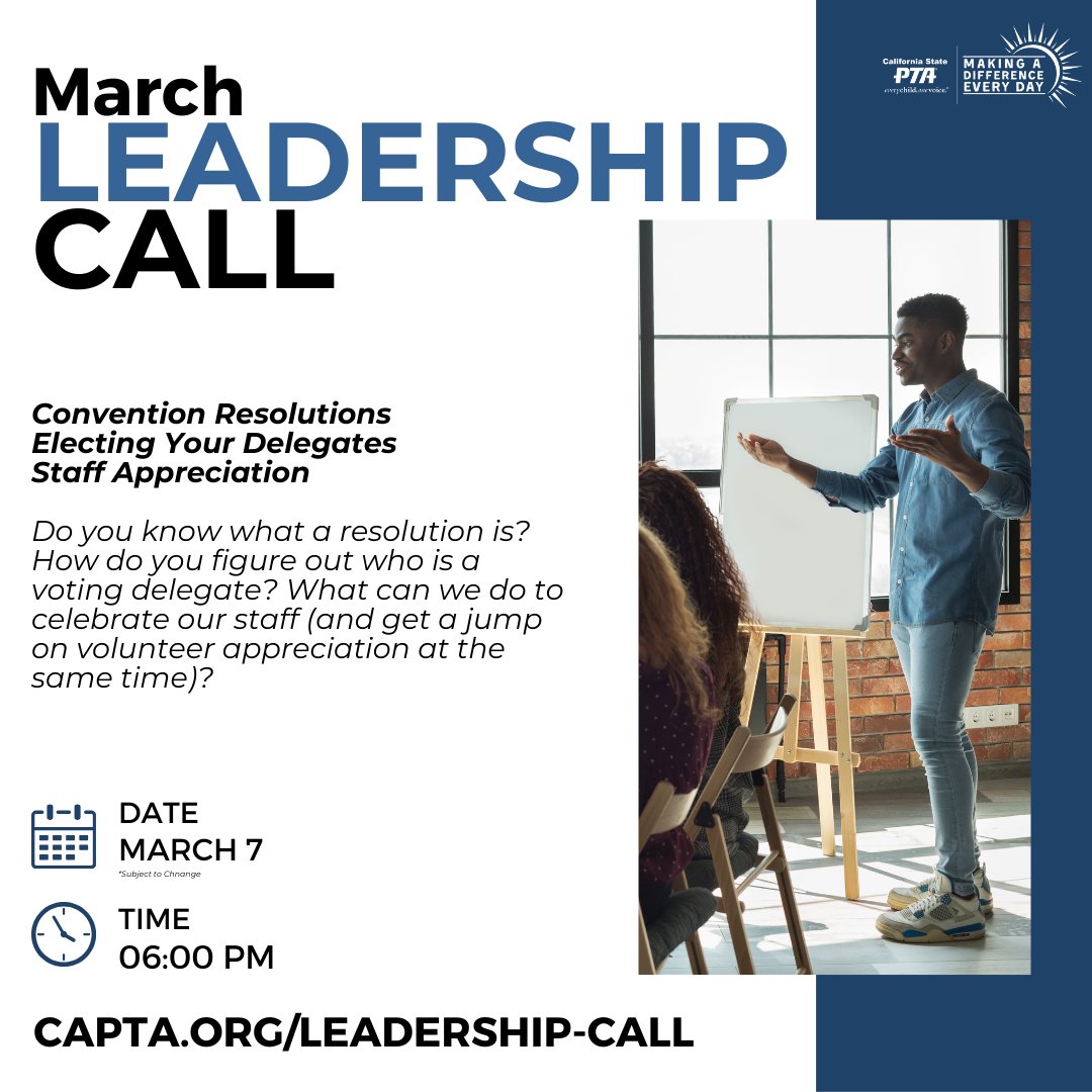 Join us March 7th at 6pm for our monthly Leadership Essentials Call!
Topics for this month: Convention Resolutions/Electing Your Delegates/Staff Appreciation
Sign up today: zurl.co/YdNG
