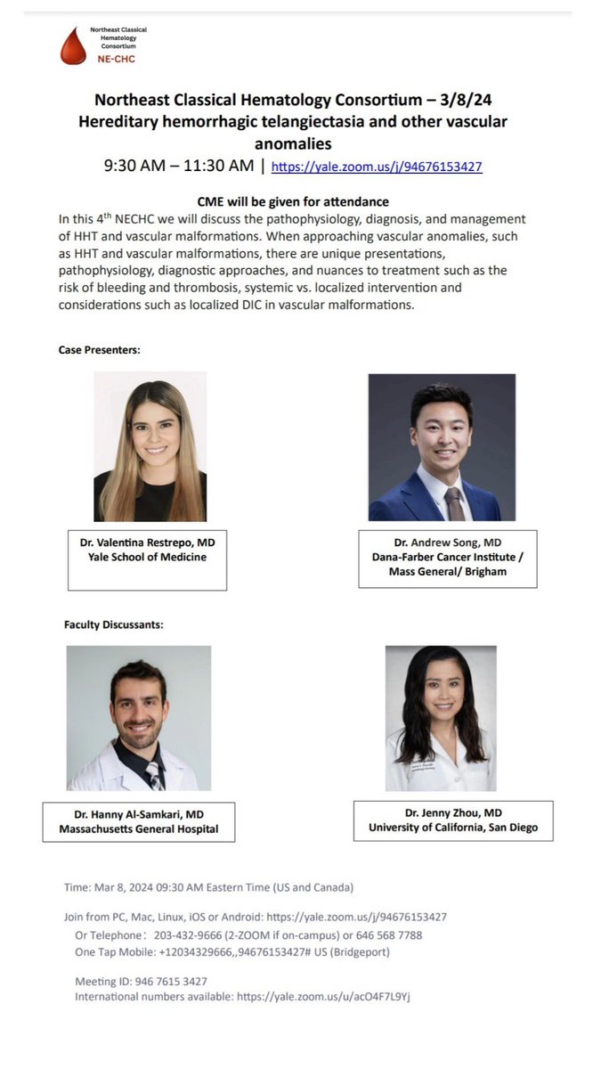 Thrilled to share the invitation for the next NE-CHC session this Fri,03/08. The topic is HHT and other vascular anomalies. @andrewbsong and I will be case presenters, and we’ll learn from experts @HannyAlSamkari and Dr. Jenny Zhou. Join us on zoom for this enlightening session!
