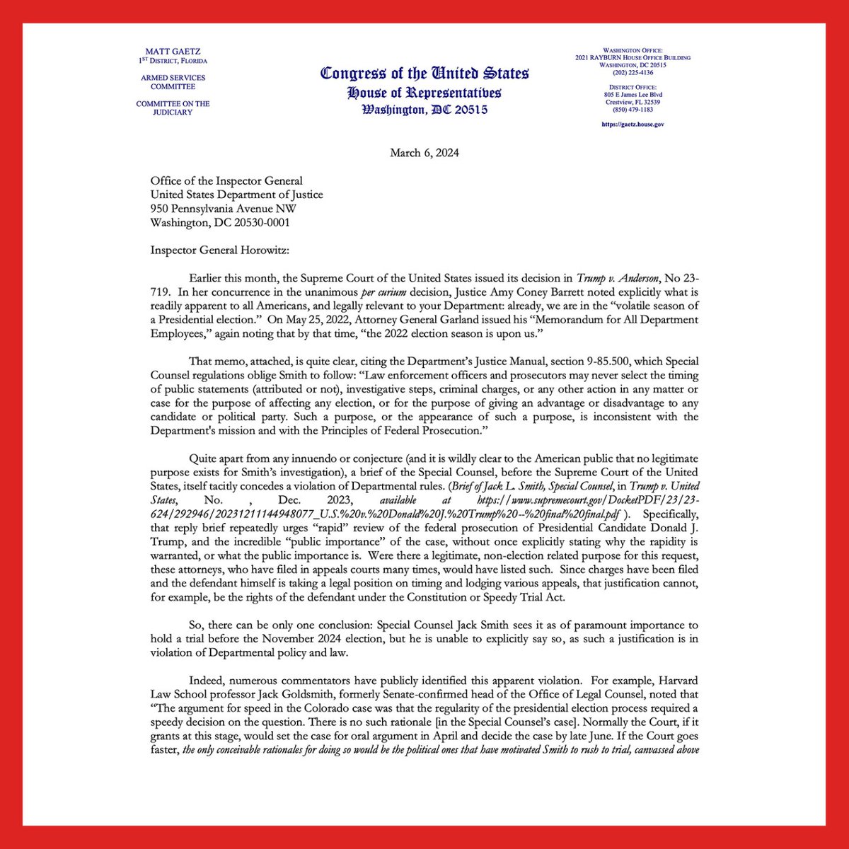 BREAKING: Today I’m demanding the DOJ Inspector General Horowitz to investigate the election interference against President <a href="/realDonaldTrump/">Donald J. Trump</a> by Special Counsel Jack Smith.