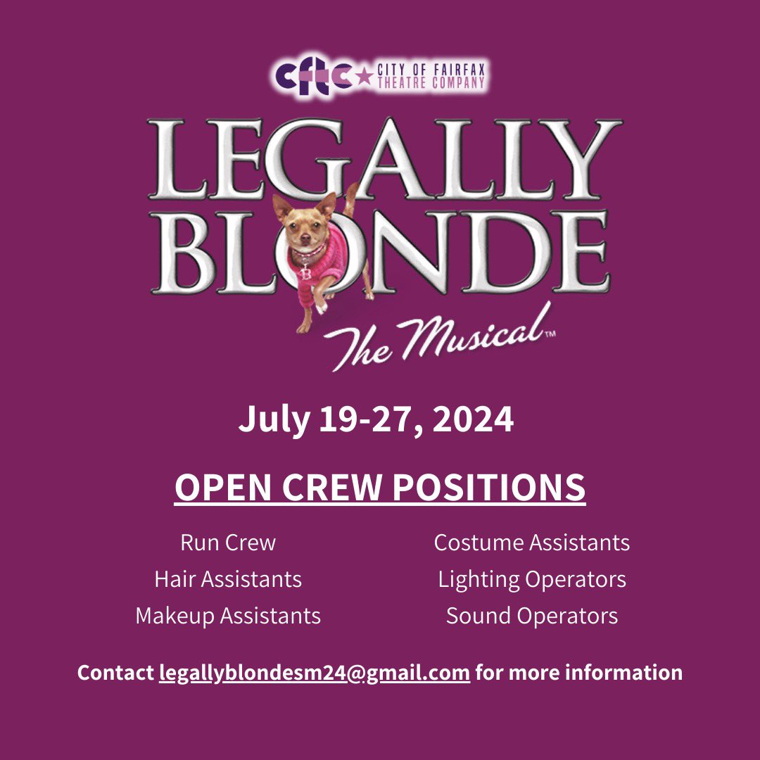 High School students are you looking to get more community theatre and more crew experience? @fairfaxcitytheatre is looking for help on their summer production of Legally Blonde! #SummerStock #Theatre