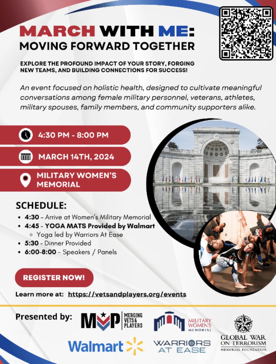 Join us for an event focused on holistic health, designed to cultivate conversations among female military personnel, veterans, athletes, military spouses, family members,& community supporters. @VetsAndPlayers @WomensMemorial @Walmart @WarriorsAtEase 🎟️- bit.ly/431TYnQ