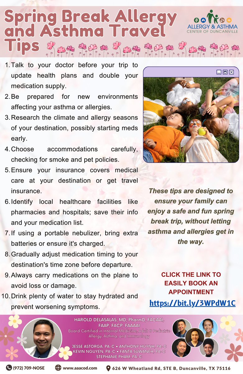 aaacodtx's tweet image. Ready for Spring Break? 🌼✈️ Keep your asthma and allergies in check with these quick tips:

Travel smart and enjoy your break! 
#TravelHealthy #SpringBreakTips