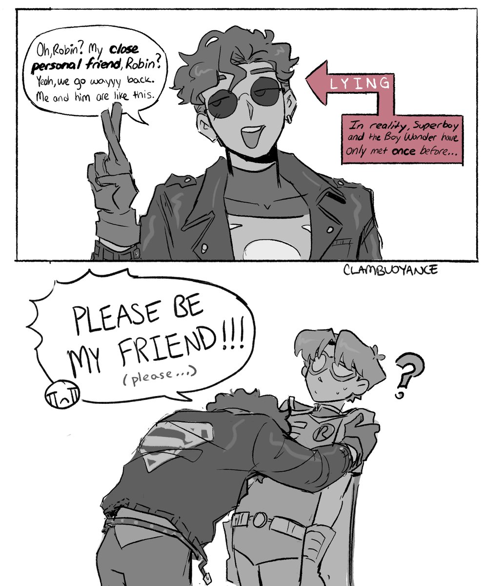 [DC] kon meets a cool kid his age one time and then brags about being his bestie for cool points

(based on a small mention of his 'close personal friend robin' in superboy and the ravers #8) (this was pre yj days) 

meme ver below
#konel #superboy #connerkent #robin #timedrake