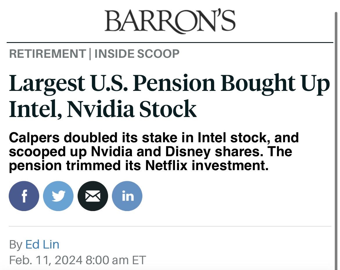 MaxHPF's tweet photo. “Calpers bought 8.1 million more shares of Intel in the fourth quarter to end the year with 16.1 million shares.”

What do they know?! $INTC https://t.co/TSR7rWNtwL