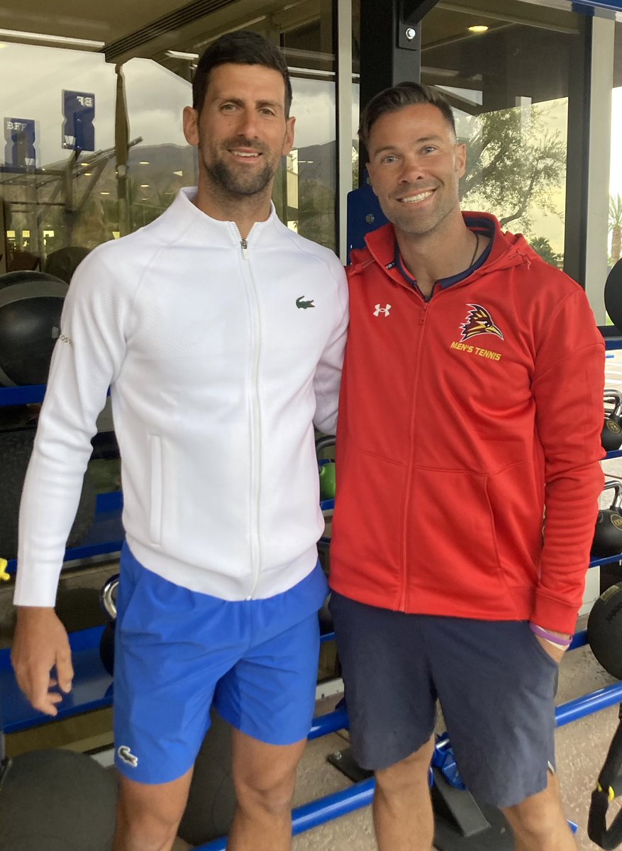 COD_Athletics's tweet image. No. 1 Ranked player in the World @DjokerNole 🤝 COD Head Men’s Tennis Coach Dan Lempa! 🎾 #GoRoadrunners