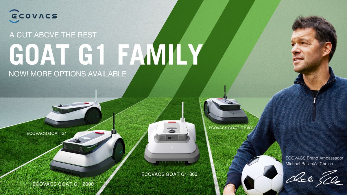 🌿 Meet the ECOVACS GOAT G1 Family! Perfect your lawn with our range for every garden size. Endorsed by Michael Ballack for top-notch lawns. Features include Boundary Recognition 📡, Intelligent Path Planning 🔄, AIVI 3D Obstacle Avoidance 👁️, and more! #ECOVACSxBALLACK #GOATG1