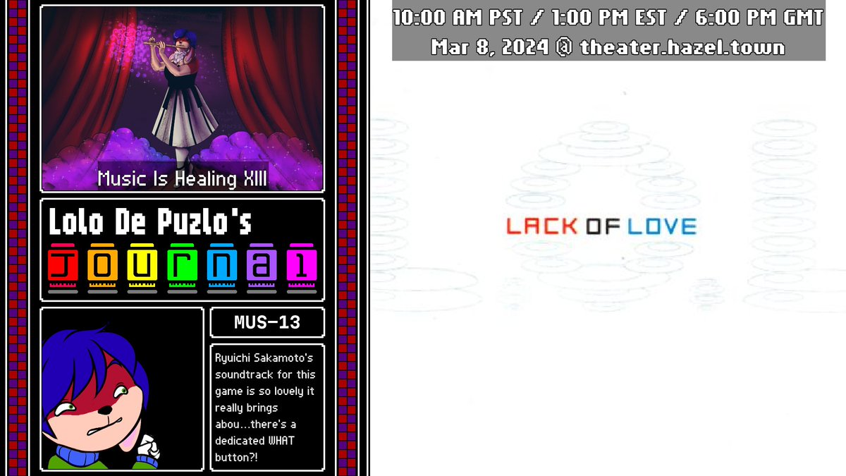 In about 3 hours (1PM ET), we're continuing our look at one of the more notable game compositions by Ryuichi Sakamoto and the final game by fascinating developer love-de-lic, L.O.L.: Lack of Love for the Dreamcast! Tune in at theater.hazel.town