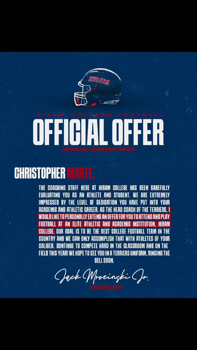 After having a great conversation with <a href="/Coach_Mro/">Coach Mro</a>  and <a href="/Coach__Niles/">Warren Niles</a> , Iam eager to announce my 3rd official offer from Hiram College!  <a href="/Coach_CBrown3/">Coach Charles (Trey) Brown III</a> <a href="/tigers_houston/">Sam Houston Tigers Football</a>