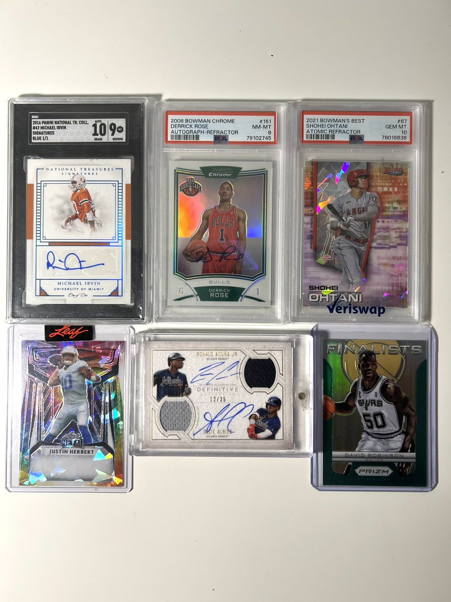 #NOHOLDSALE🐻 

Michael Irvin NT True 1/1 Auto $450

DRose Bowman Rookie Refractor Auto /50 $425

Atomic Ohtani PSA 10 $125

Justin Herbert Leaf 1/1 $70

Acuna Albies Definitive Dual Patch Auto /35 $525

David Robinson Prizm First Year Green $55

RTs &amp; Tags Greatly Appreciated!
